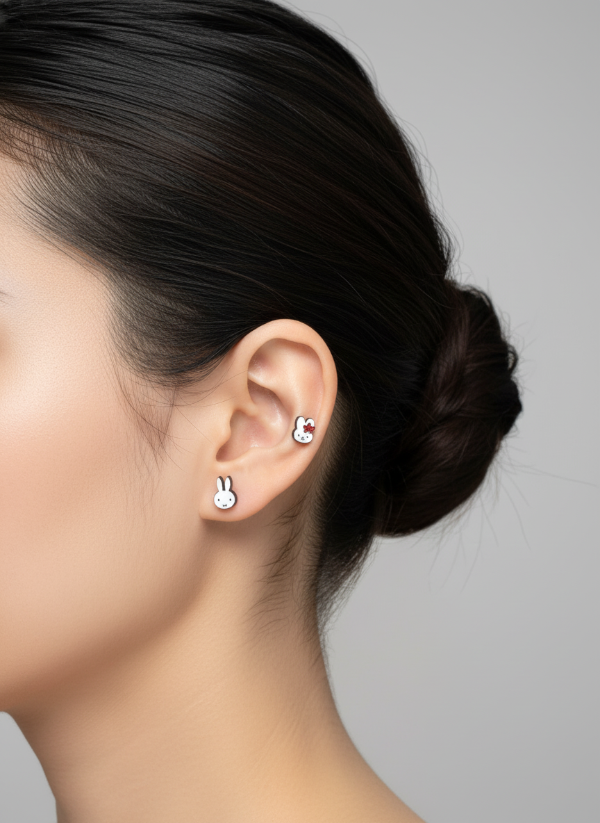 Side profile of a woman wearing Miffy earrings: the red flower version in the helix and the classic Miffy design on the lobe; styled against a neutral background.