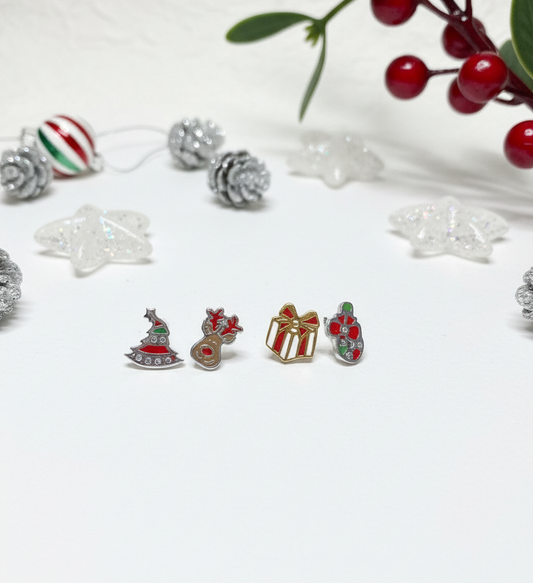 Christmas Mini Barbell Stud Earrings – Tree, Candy Cane, Gift, Rudolph – Handmade in Korea