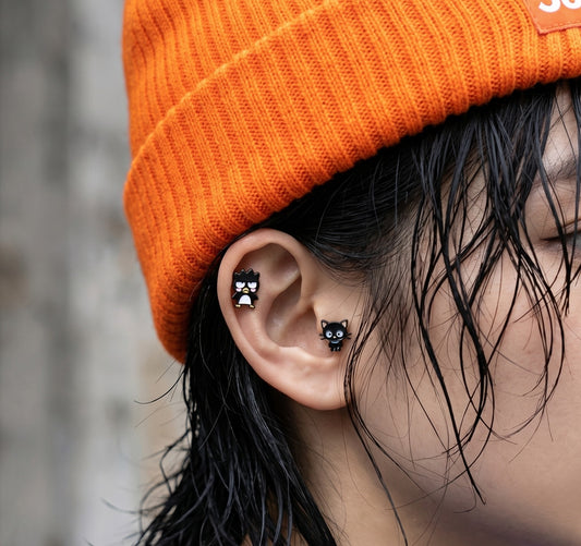Badtz-Maru & Chococat Barbell Stud Earrings | Dark Kawaii Ear Stack | Handmade Korea