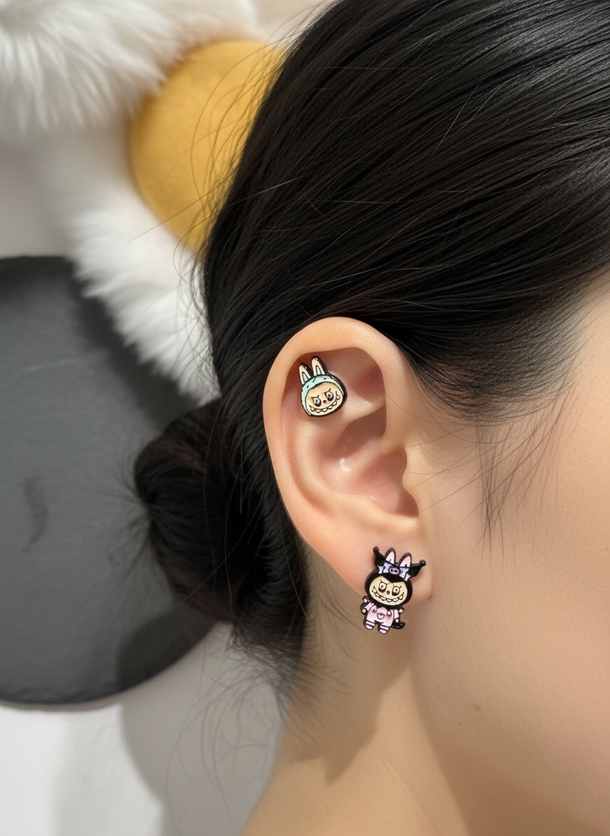 Labubu-Inspired Bunny Barbell Earring Custom Handmade Costume Series