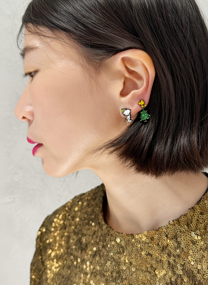 Christmas Snoopy & Woodstock 2-Way Drop Earrings – Handmade in Korea, Sterling Silver