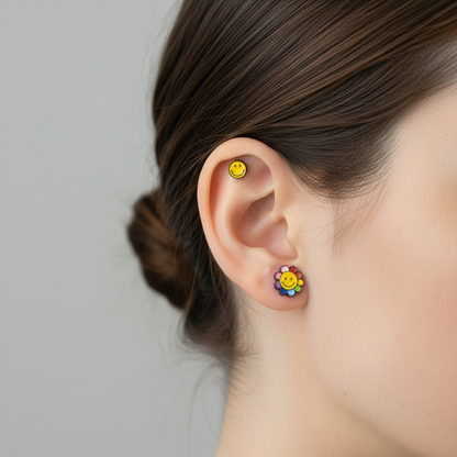 Smiley Flower Barbell Earring – White / Multicolor / Yellow | Handmade Korea