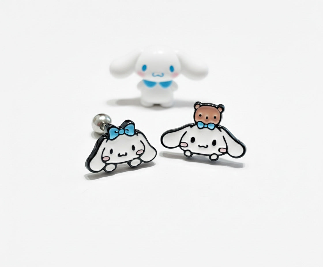 Cinnamoroll surgical steel piercings with Sanrio figure, 2 adorable designs featuring teddy bear and ribbon details