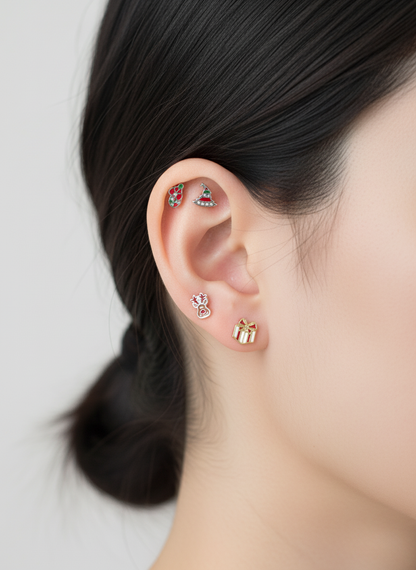 Christmas Mini Barbell Stud Earrings – Tree, Candy Cane, Gift, Rudolph – Handmade in Korea