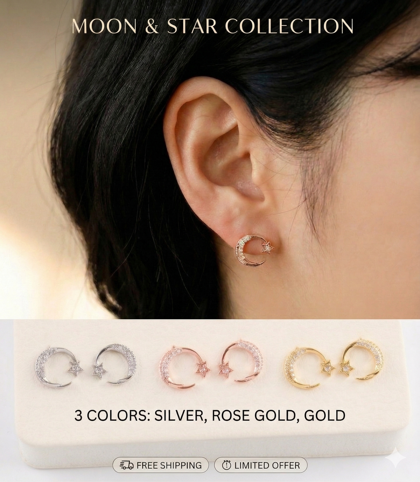 Celestial Crescent Moon & Star Pavé Stud Earrings | Silver, Gold & Rose Gold