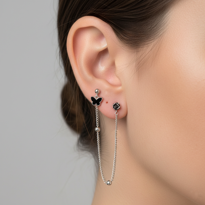 Surgical Steel Double Piercing Chain Earring Butterfly Rose Cartilage Barbell Stud