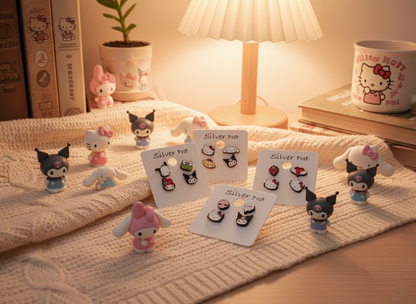 Sanrio-Inspired 4pc Silver Post Earring Set – Kuromi, Hello Kitty, Cinnamoroll & Pompompurin | Handmade in Korea