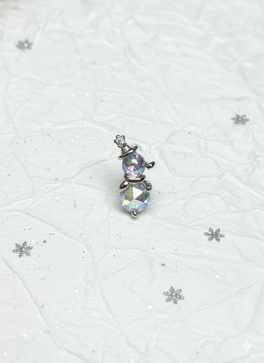 Aurora crystal snowman earring extreme close-up — AB crystal shine with tiny hat and arm details
