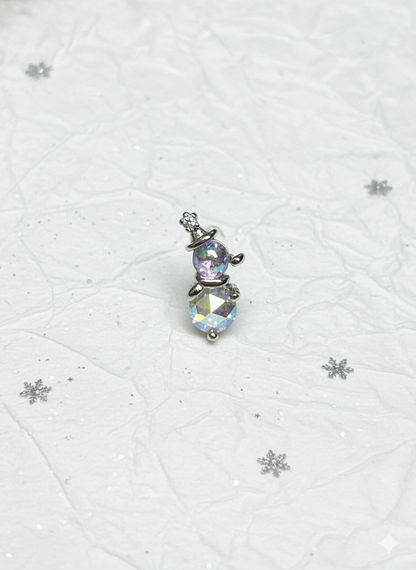 Aurora crystal snowman earring extreme close-up — AB crystal shine with tiny hat and arm details