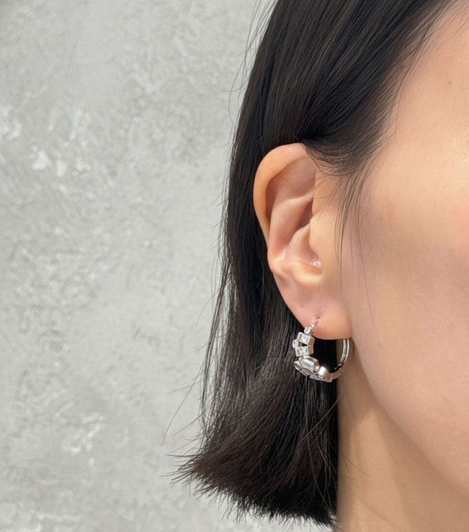 Geometric Bezel Setting Huggie Hoop Earrings - Brass Silver Post