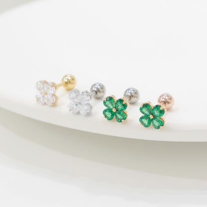 Clover Barbell Stud • Green or Clear CZ • Surgical Steel Piercing