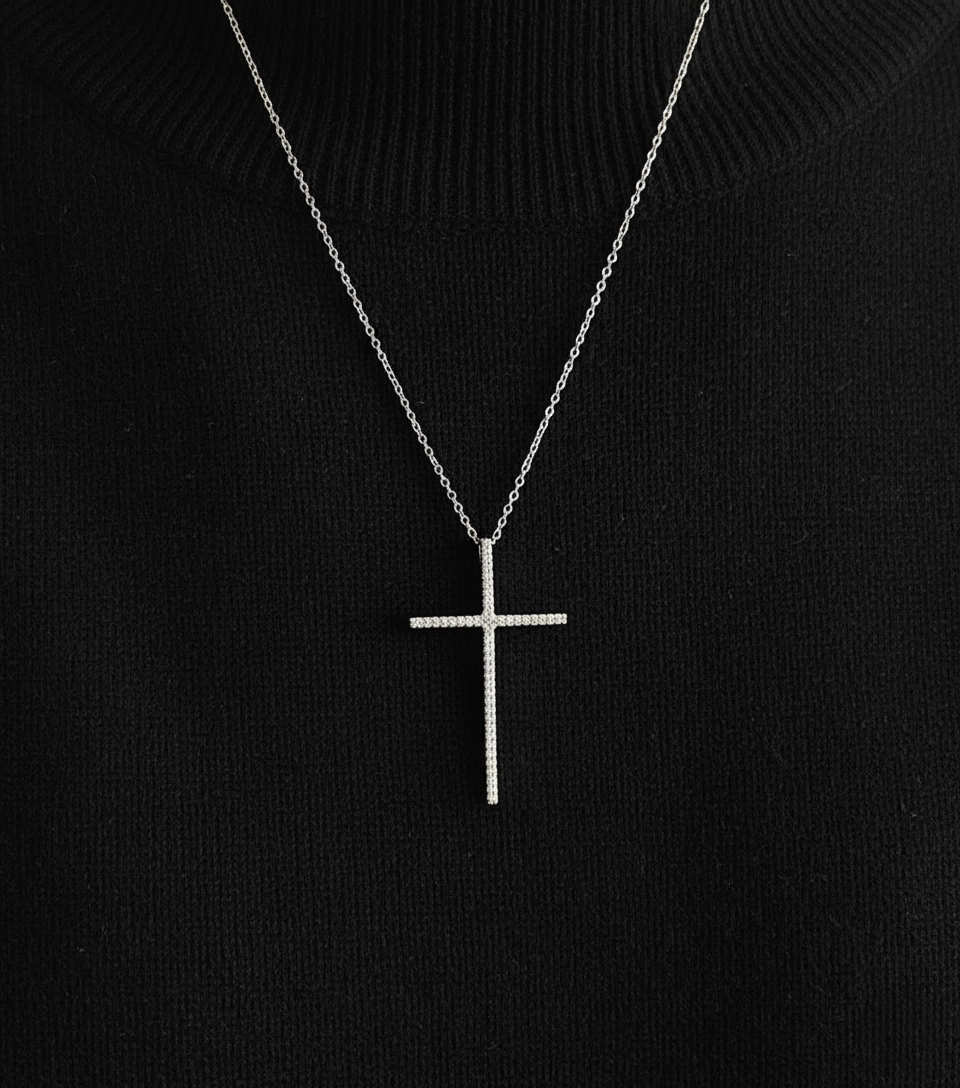925 Sterling Silver Pave Setting Cross Pendant Necklace l Minimalist Long Chain Necklace