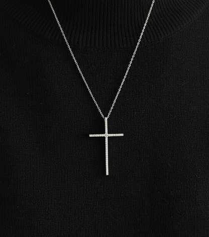 925 Sterling Silver Pave Setting Cross Pendant Necklace l Minimalist Long Chain Necklace