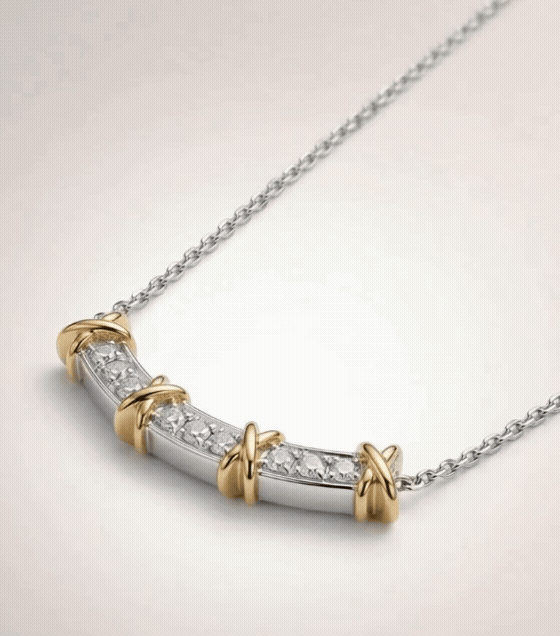 925 Sterling Silver Two-Tone Curved Bar Necklace with Gold X Cross