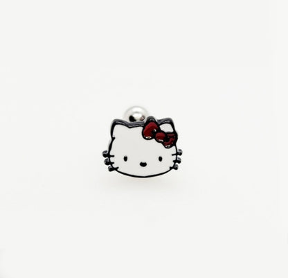 Classic Hello Kitty enamel piercing with red bow and silver post, minimalist character design.