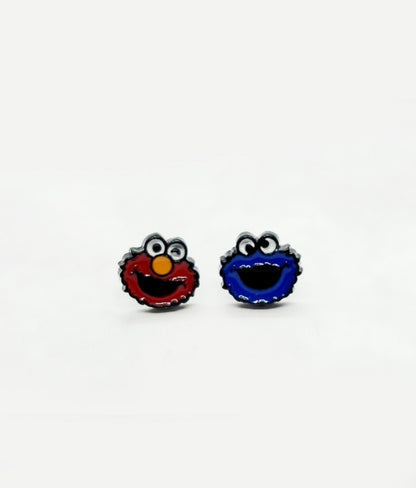 Sesame Street Character Earrings Set - Elmo & Cookie Monster 925 Silver