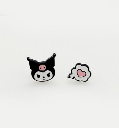 Kuromi character and pink heart cloud enamel stud earrings on white surface, black and pink cute mismatched design, Sanrio kawaii jewelry, 925 sterling silver posts, made in Korea