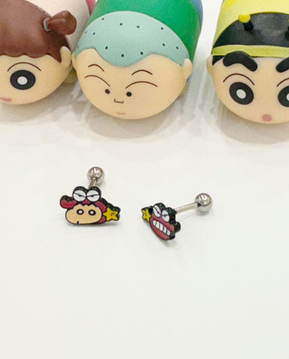 Crayon Shin-chan and Waniyama dinosaur barbell stud earrings with surgical steel posts