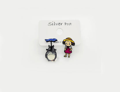 My Neighbor Totoro and Mei mismatched earrings set with silver posts, handcrafted enamel jewelry