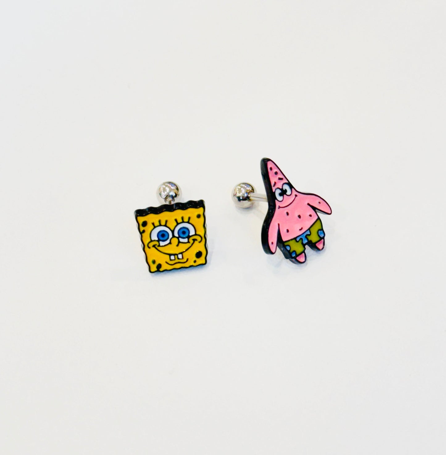 Handmade SpongeBob & Patrick Barbell Stud Earrings – Made in Korea