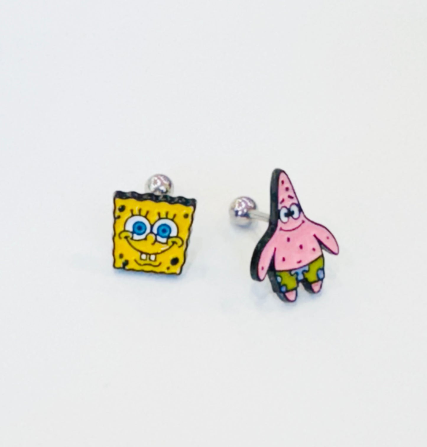 Handmade SpongeBob & Patrick Barbell Stud Earrings – Made in Korea