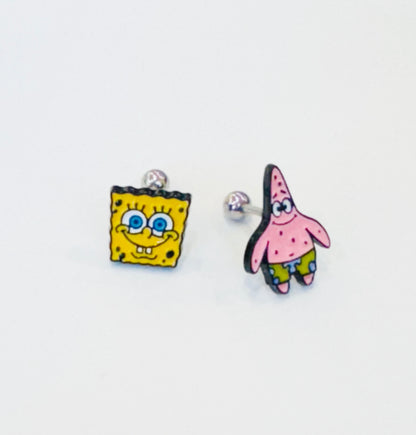 Handmade SpongeBob & Patrick Barbell Stud Earrings – Made in Korea