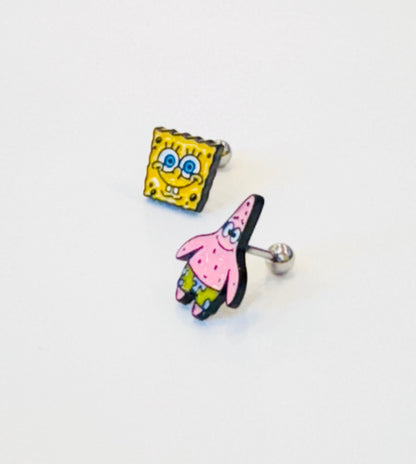 Handmade SpongeBob & Patrick Barbell Stud Earrings – Made in Korea