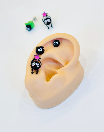 Soot Sprite Susuwatari Barbell Earrings – Studio Ghibli Inspired Surgical Steel | 8TTITTO8