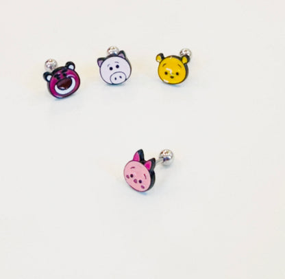 Tsum Tsum-Inspired Barbell Ball Earrings in Lotso, Pooh, Piglet & Hamm | 8TTITTO8