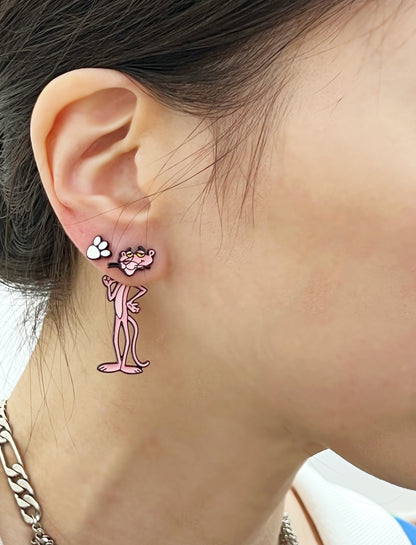 Pink Panther head stud and dangling full-body Panther earring worn on ear, quirky and bold styling.