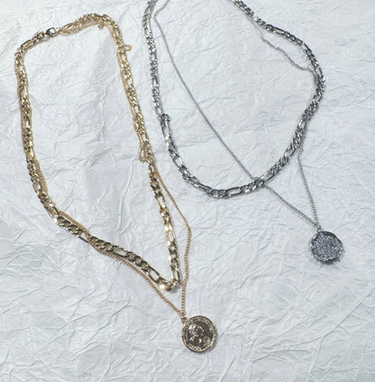 Layered Coin Pendant Necklace - Figaro Chain Brass