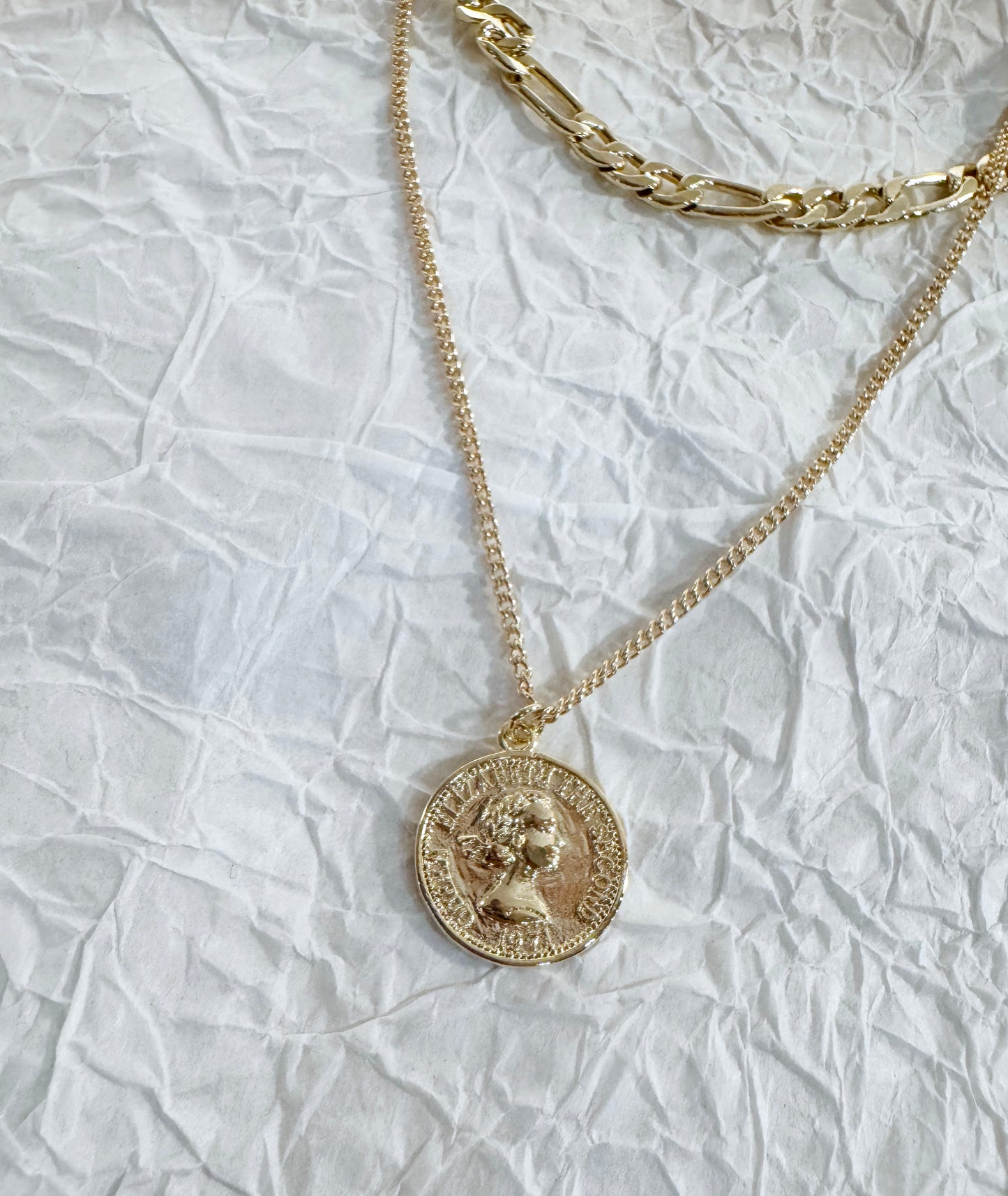 Layered Coin Pendant Necklace - Figaro Chain Brass