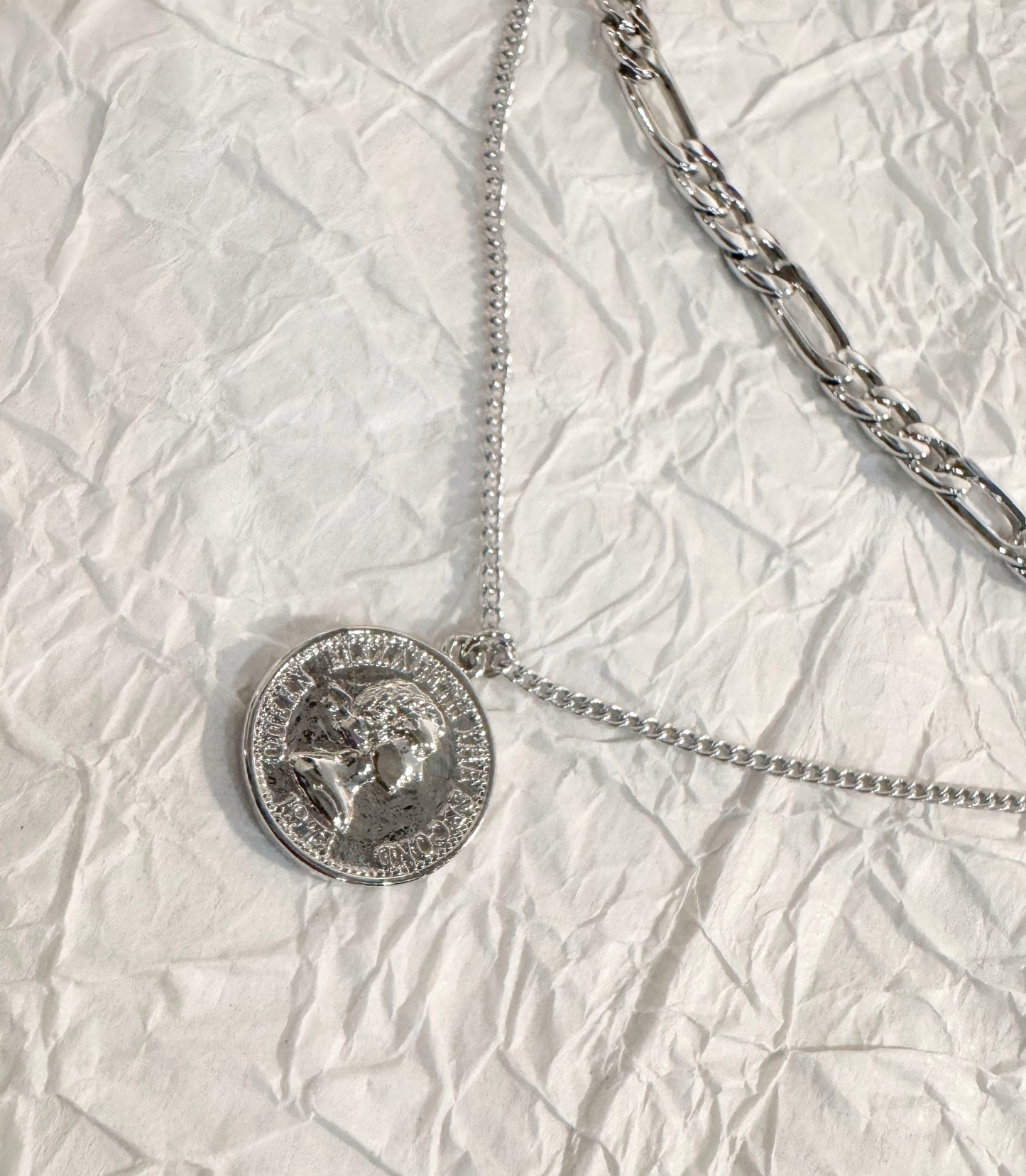 Layered Coin Pendant Necklace - Figaro Chain Brass