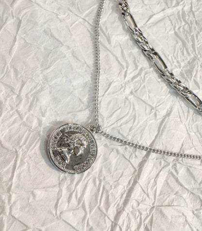 Layered Coin Pendant Necklace - Figaro Chain Brass