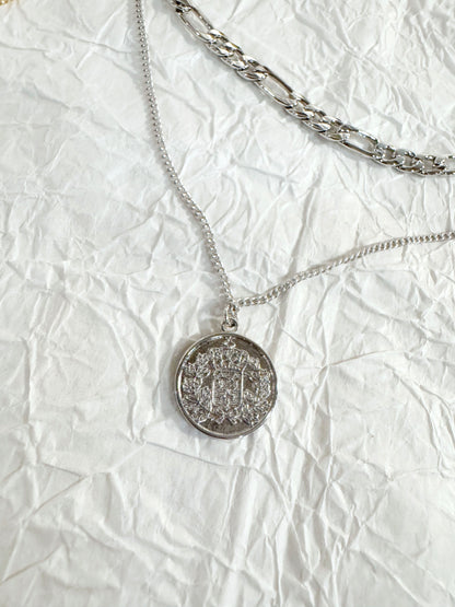 Layered Coin Pendant Necklace - Figaro Chain Brass