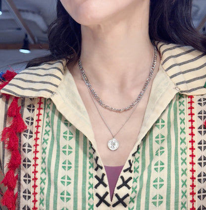 Layered Coin Pendant Necklace - Figaro Chain Brass