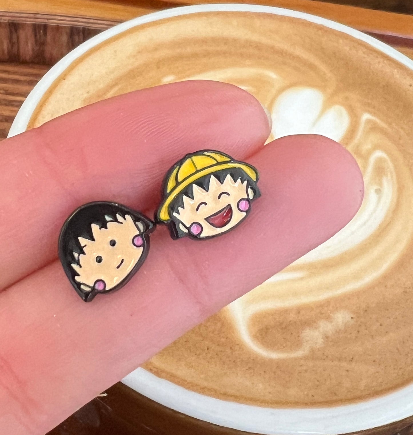 Chibi Maruko-chan Mismatched Enamel Stud Earrings - 925 Silver Post | Made in Korea