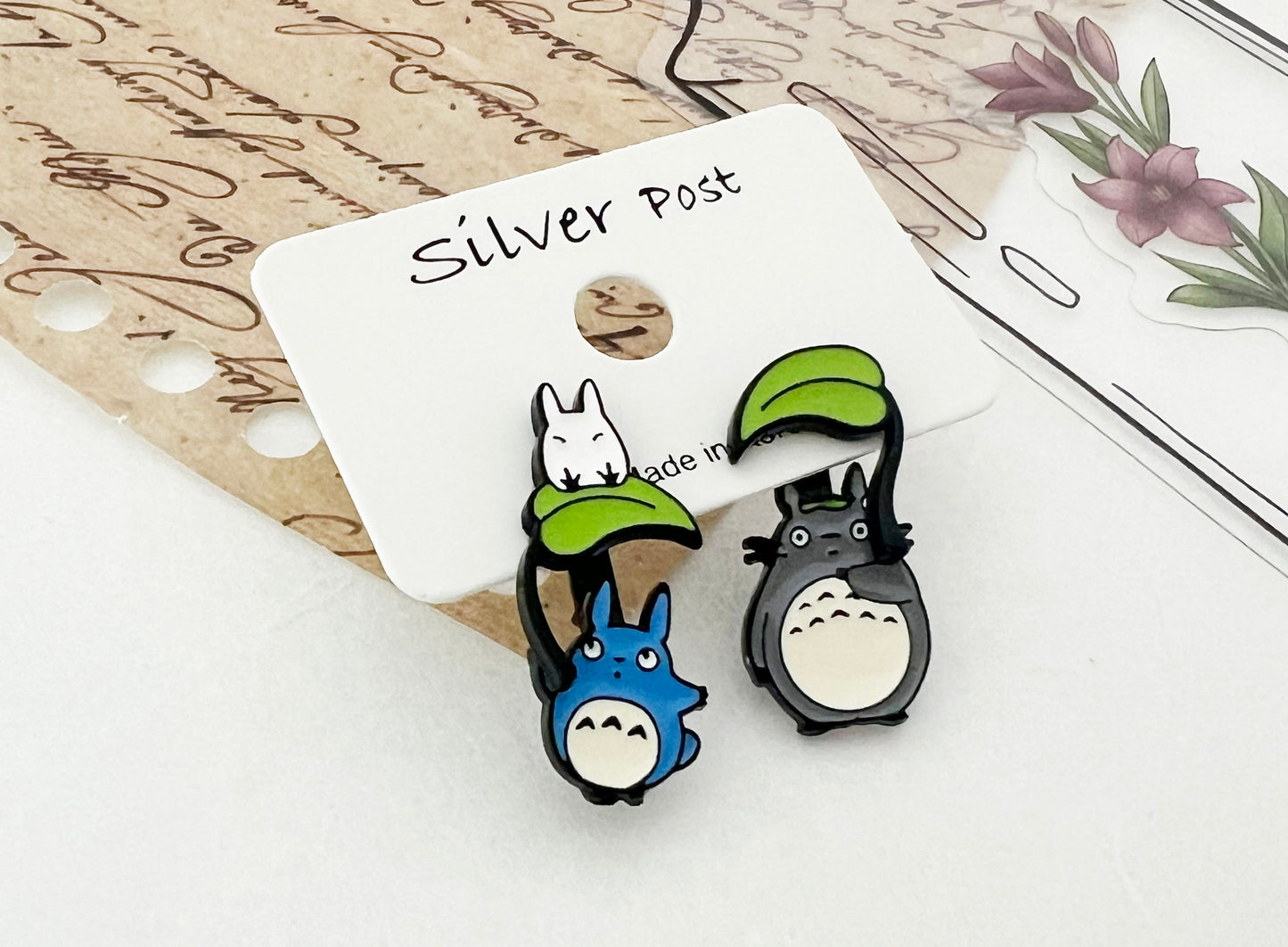 Totoro 2-way convertible earrings silver post mismatched pair