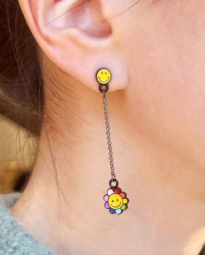 Smiley Daisy Long Drop Earrings – Silver Post, Handmade in Korea