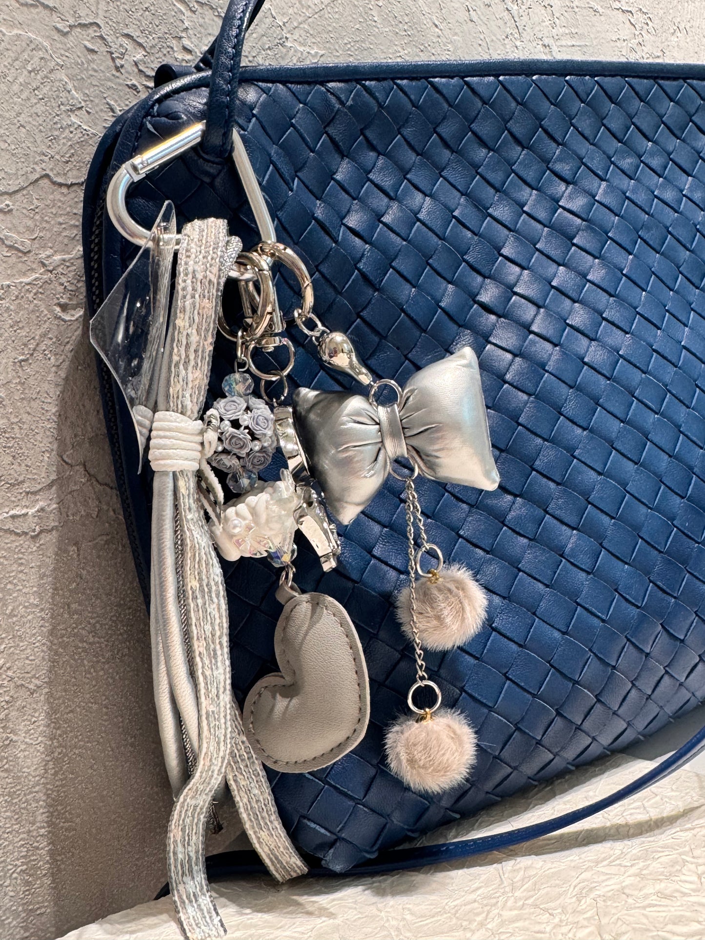 Silver Ribbon Heart Tassel Keyring - Floral Beads Bag Charm