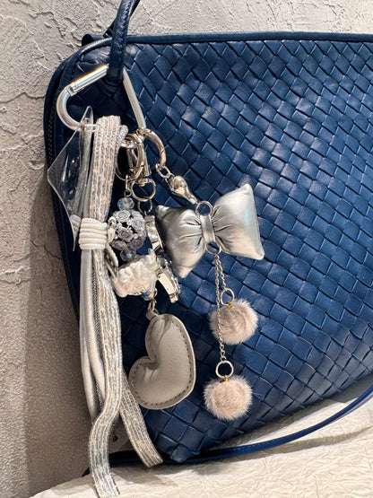 Silver Ribbon Heart Tassel Keyring - Floral Beads Bag Charm