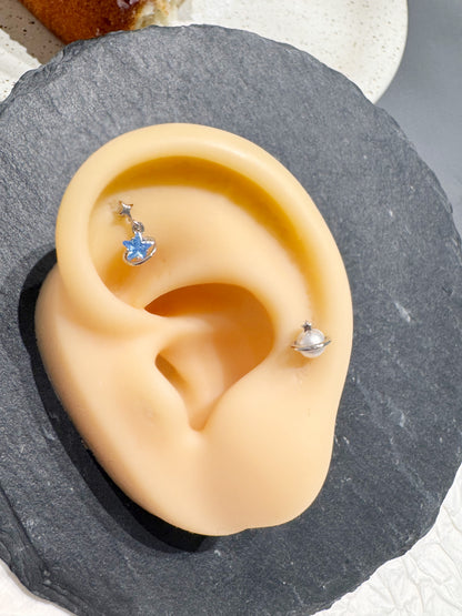 Planet Dangle Star Barbell Stud – Surgical Steel Bar, Clear/Blue CZ, Silver·Gold·Rose Gold