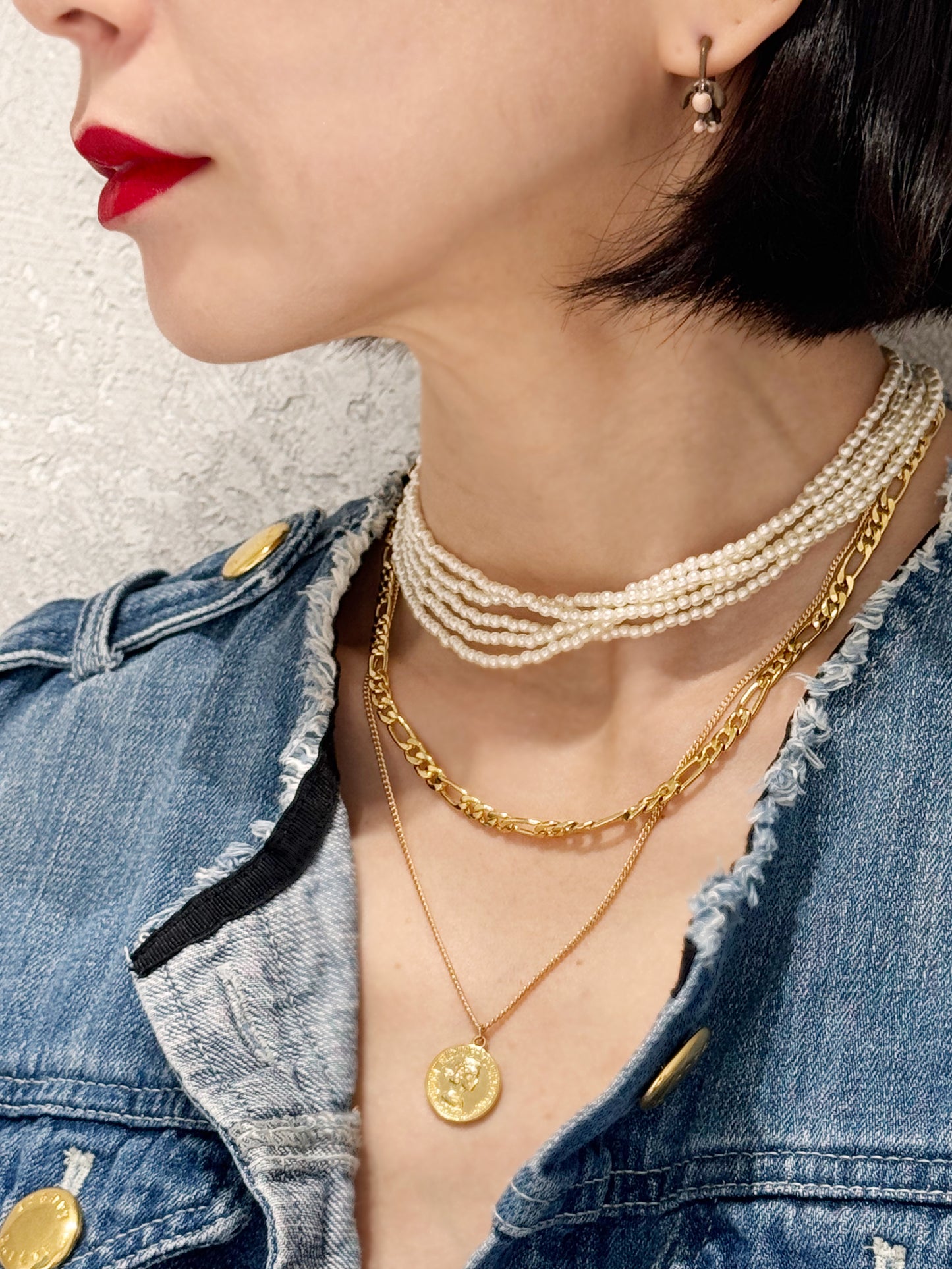 Layered Coin Pendant Necklace - Figaro Chain Brass