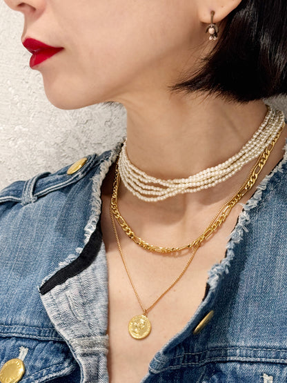 Layered Coin Pendant Necklace - Figaro Chain Brass