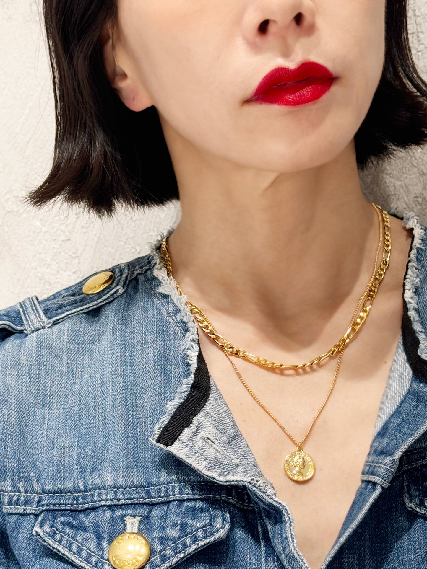 Layered Coin Pendant Necklace - Figaro Chain Brass