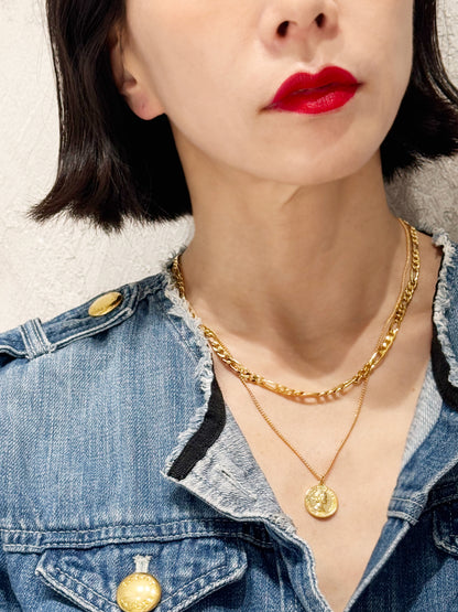Layered Coin Pendant Necklace - Figaro Chain Brass