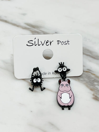 Totoro Inspired Drop Earrings with Silver Post, Handmade in Korea
