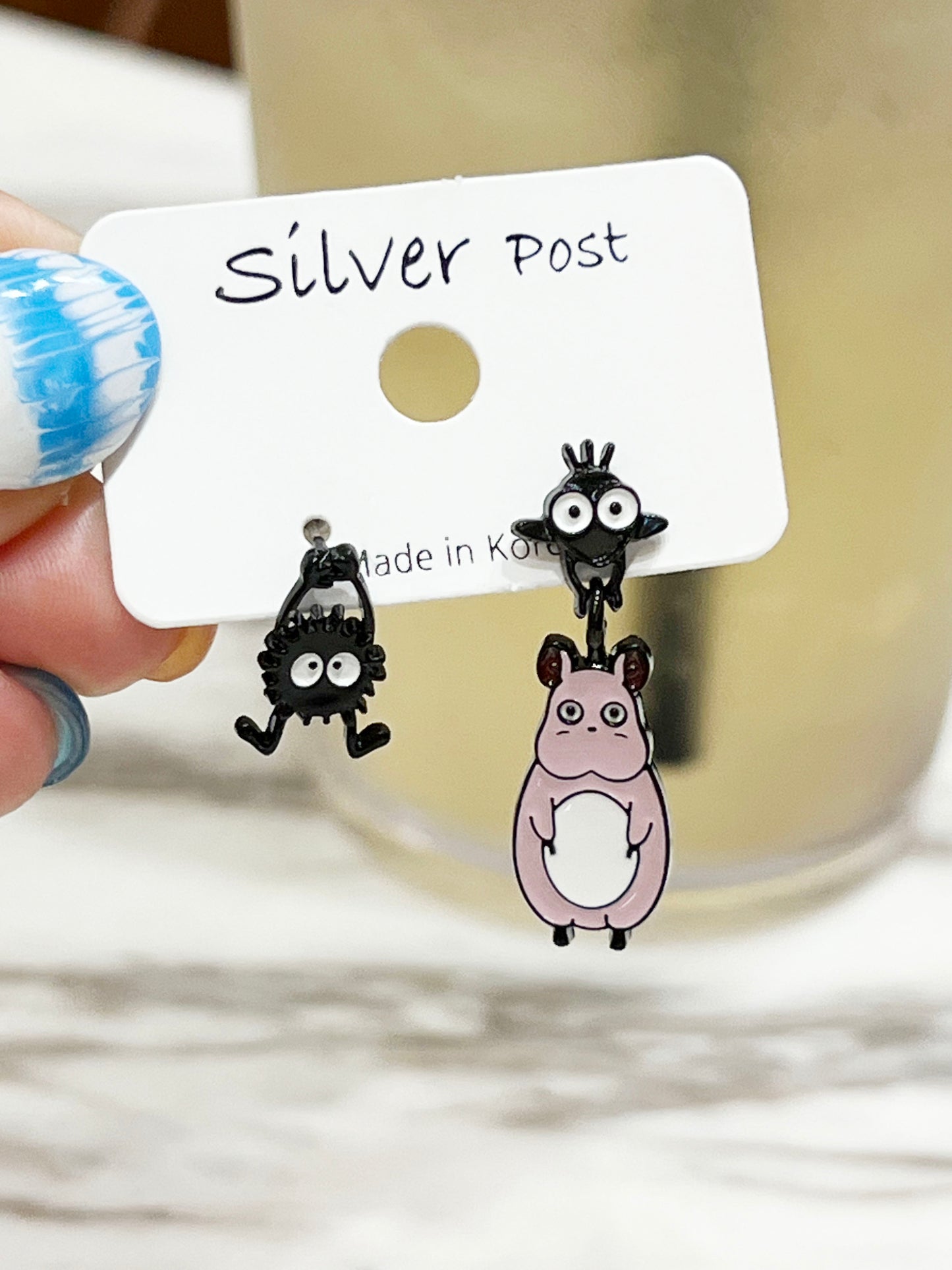Totoro Inspired Drop Earrings with Silver Post, Handmade in Korea