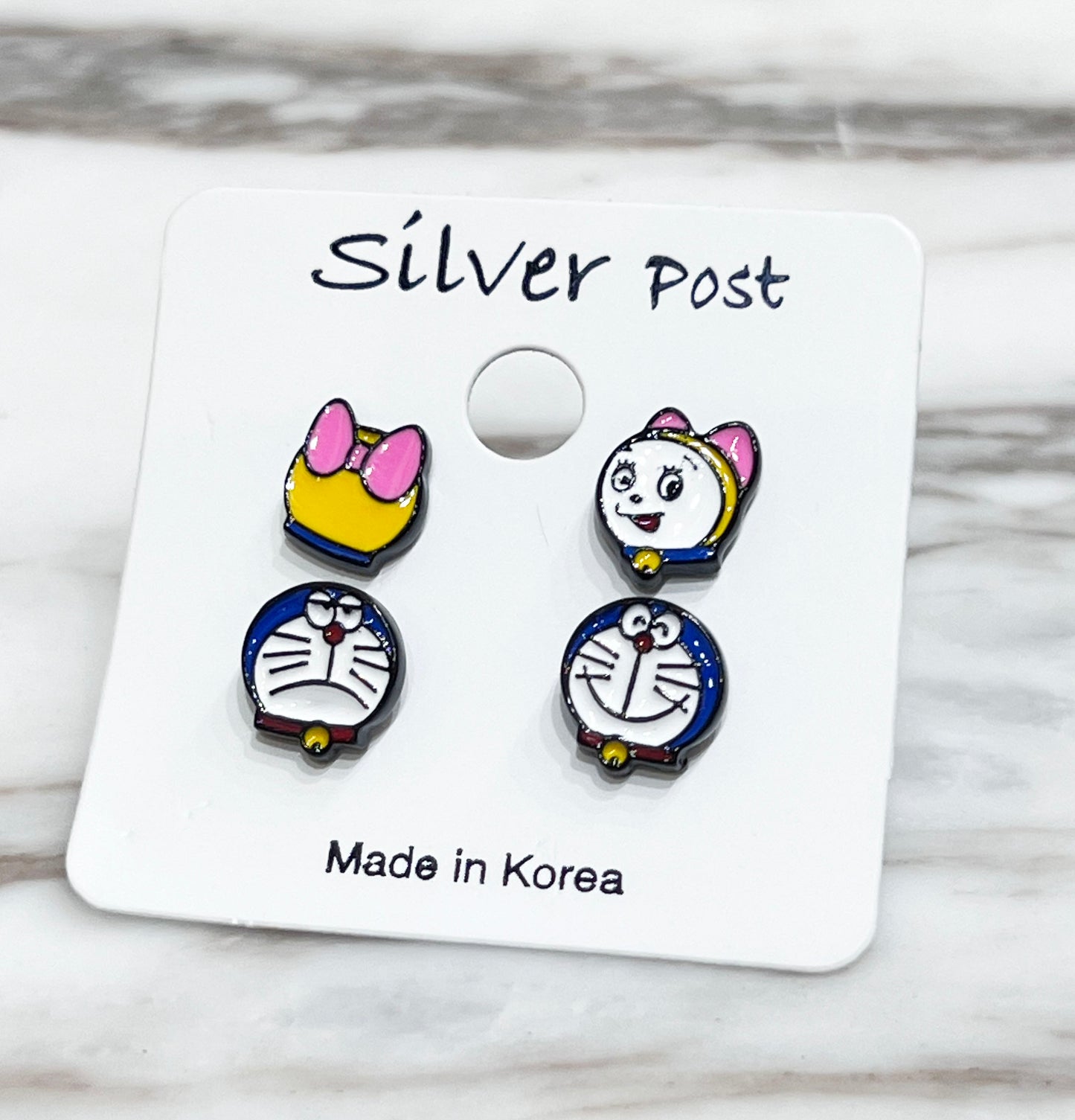 Doraemon & Dorami-Inspired Silver Post Earrings — 4-Piece Handmade Set