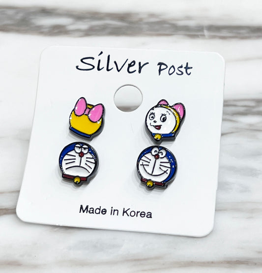 Doraemon & Dorami-Inspired Silver Post Earrings — 4-Piece Handmade Set